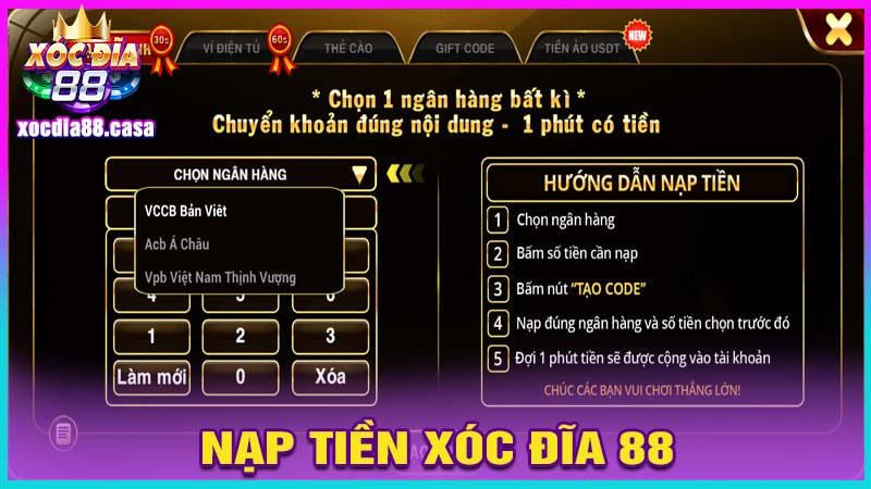 Nạp tiền xóc đĩa 88